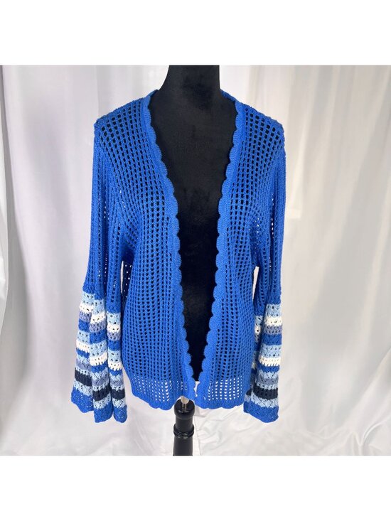 Cato Sweaters - Cato Blue Crochet Cardigan XL Open-Front Boho Bell Sleeve Grandma Core Stripe